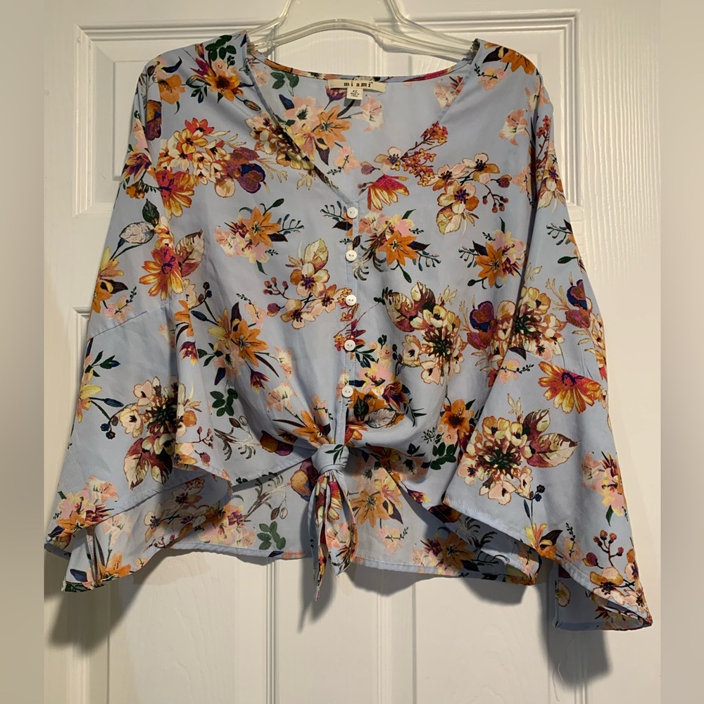 Miami blue floral cropped blouse button up L